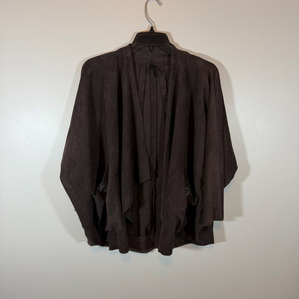 IC By Connie K Dark Brown Faux Suede Unstructured Drape Front Jacket Womens S